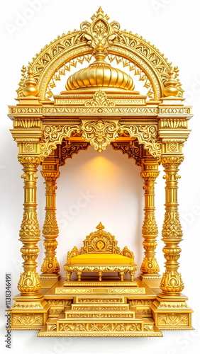 A lavish golden throne sits within an intricately carved, arched golden structure. The design is opulent and suggests Indian temple architecture.