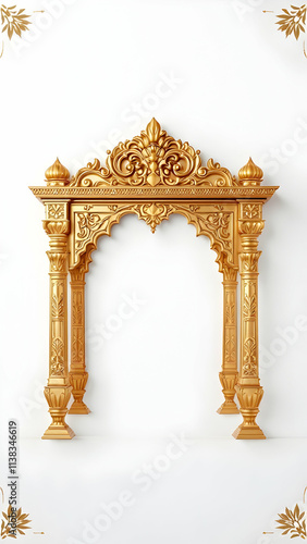 A 3D rendering of a golden ornate archway, reminiscent of Indian temple architecture. Intricate carvings and pillars are detailed against a white background.