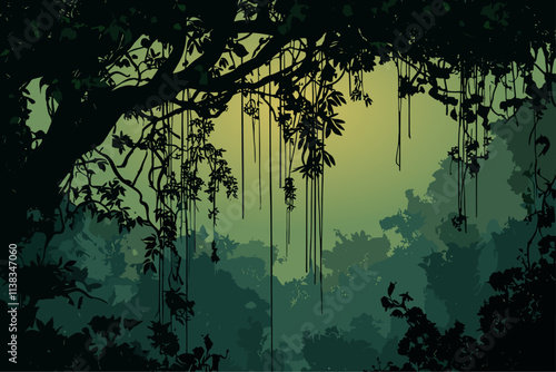 Dense jungle silhouette with hanging vines horizontal background. Rainforest tropical landscape. Plants and trees with lianas. Exotic wildlife adventure ecology wild nature. Cartoon style vector