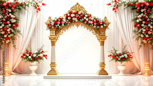 A gold and white wedding arch is adorned with lush red and white roses, flanked by matching floral arrangements in urns. White drapes create a soft backdrop.