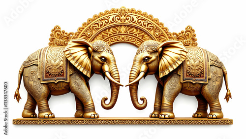 Two golden elephants with detailed carvings face each other, flanked by an ornate arched frame. Rich detail and a regal, Indianinspired aesthetic.