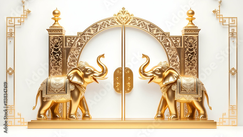 Two golden elephant statues stand majestically flanking a decorative archway gate, all set against a minimalist white background with gold accents. Intricate carvings adorn the gate.