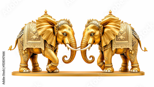 Two ornate golden elephant statues face each other on a golden base. Intricate detailing adorns their howdahs and bodies. A beautiful, symmetrical artwork.
