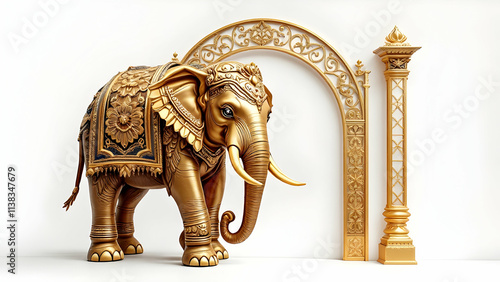 A majestic golden elephant statue, adorned with intricate carvings, stands before a golden arch and pillar. The scene is rendered in 3D against a white background, showcasing luxurious detail. photo