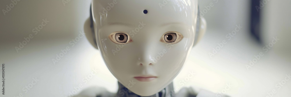 A robot with delicate features displays an intriguing mixture of technology and human-like qualities. A robot with delicate features displays an intriguing mixture of technology and human-like qualities.