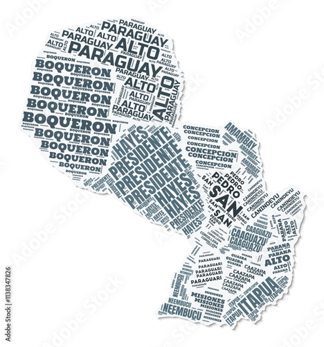 Paraguay shape text cloud. Country border with shadow on white background. Paraguay with regions division in vintage gazette style. Vibrant vector illustration.