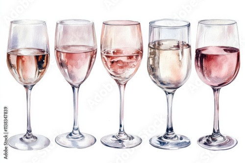 Watercolor Wine. Collection of Wine Glasses (Rose, White, Red) on Isolated Background