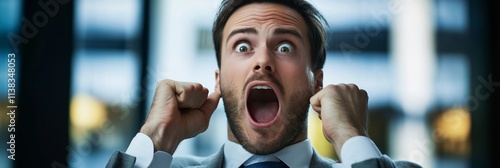 A man expresses intense excitement and joy with raised fists, celebrating a significant success. photo