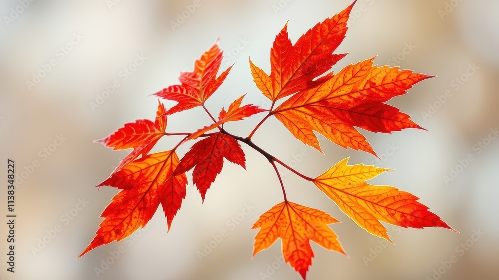 A delicate branch adorned with vibrant crimson and orange leaves, showcasing the beauty of autumn's transformation A delicate branch adorned with vibrant crimson and orange leaves, showcasing the beauty of autumn's transformation