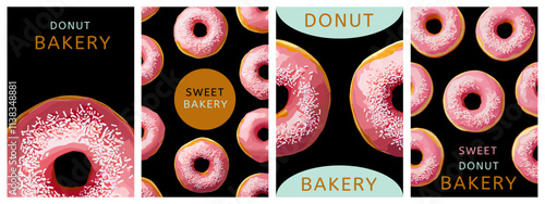 Donuts vertical posters set. Pink glaze top view donut pattern on dark background. Place for text. Sweet dessert bakery store shop background template invitation social media card. Cartoon style