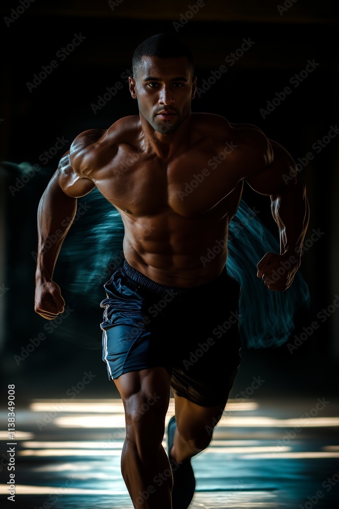 A fit athlete runs energetically with water splashing around. A fit athlete runs energetically with water splashing around.