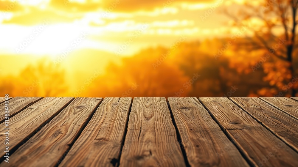 Rustic Wooden Tabletop with a Blurry Background of Golden Autumn Trees and a Warm Sunset Sky Rustic Wooden Tabletop with a Blurry Background of Golden Autumn Trees and a Warm Sunset Sky