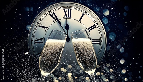 Two champagne glasses clinking in celebration in front of a vintage clock striking five minutes to midnight photo