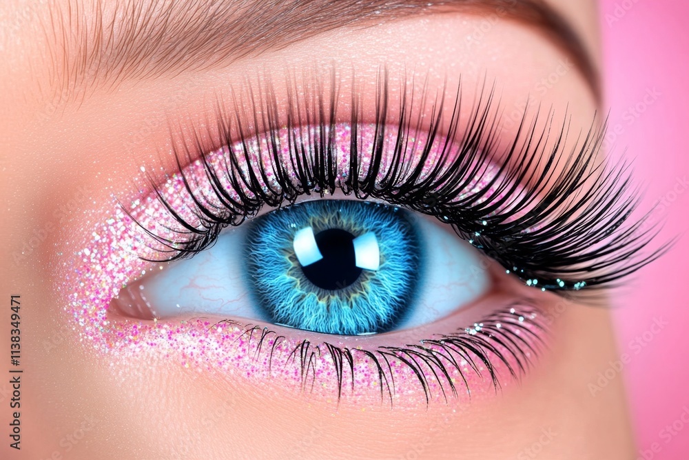 Obraz premium A 3D-rendered illustration of eyelashes with glitter particles floating around them in a magical effect