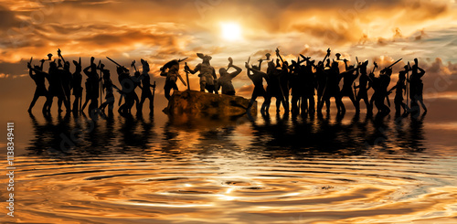 Obraz na plátně Old Norse God Odin surrounded by Viking warriors of Valhalla against stormy sky