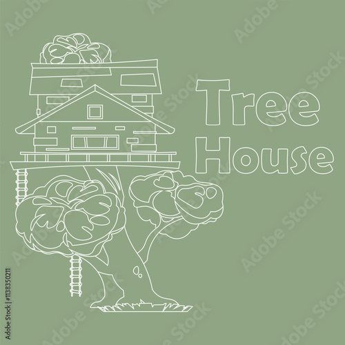 Children tree house. Small home. Cozy building on forest wood branches. Line drawing. Summer cabin with rope or wooden ladders. Playground hut. Vector kindergarten playhouse banner