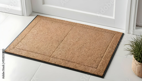 A light brown coir doormat with a dark border sits neatly at a white doors threshold on a white tile floor. A small plant in a woven basket is beside it.