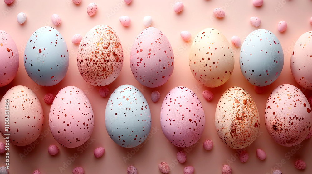 Colorful speckled eggs arranged creatively on a pastel background Colorful speckled eggs arranged creatively on a pastel background