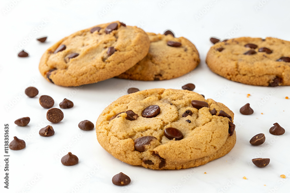 Delicious chocolate chip cookies with a golden-brown hue, surrounded by chocolate chips, perfect for dessert or snacking. Delicious chocolate chip cookies with a golden-brown hue, surrounded by chocolate chips, perfect for dessert or snacking.