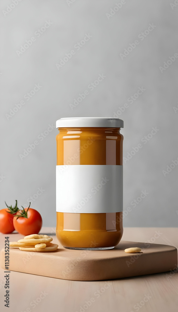 A glass jar of orange tomato soup with a blank white label sits on a wooden board with two tomatoes and small pasta pieces nearby. Simple product display. A glass jar of orange tomato soup with a blank white label sits on a wooden board with two tomatoes and small pasta pieces nearby. Simple product display.
