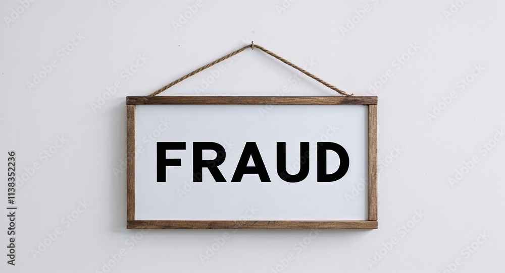 fraud lettering on hanging sign board on plain white background fraud lettering on hanging sign board on plain white background