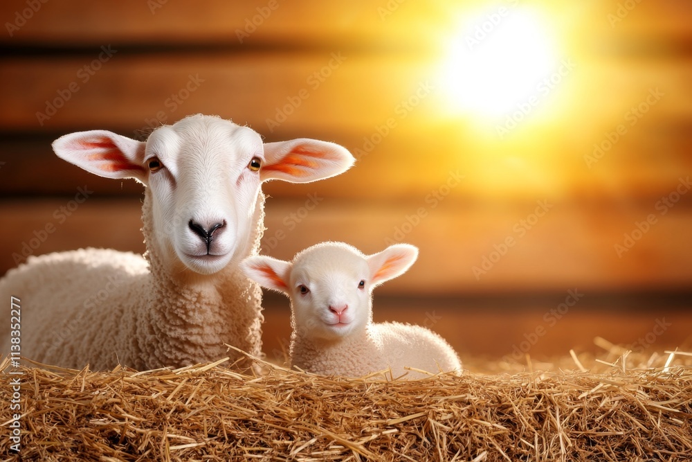 A detailed 3D illustration of a ewe with her lamb, surrounded by soft hay in a rustic barn illuminated by warm sunlight A detailed 3D illustration of a ewe with her lamb, surrounded by soft hay in a rustic barn illuminated by warm sunlight