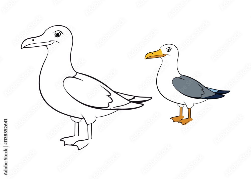 Obraz premium A California Gull coloring page features a graceful seabird with a white body, gray wings, yellow beak, and black markings on the tail, perfect for coloring with coastal vibes.