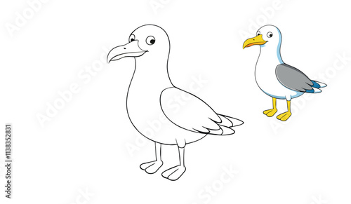 A herring gull coloring page featuring a majestic bird with white and gray feathers, a yellow beak, and striking red markings around the eyes. Perfect for nature lovers!