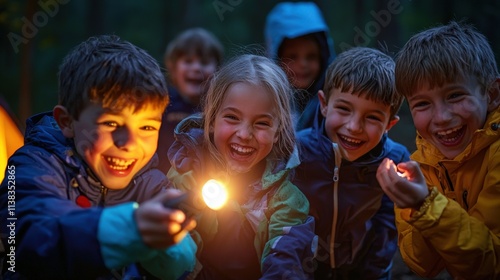 A group of kids playing flashlight tag near their campsite, the beams of light cutting through the dark, laughter echoing through the woods photo