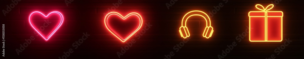 Neon light effect on heart, star and present icons with music earphones. Neon light effect on heart, star and present icons with music earphones.