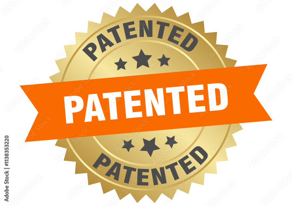 PATENTED label. Round golden sign isolated on white background PATENTED label. Round golden sign isolated on white background
