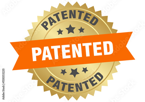 PATENTED label. Round golden sign isolated on white background photo