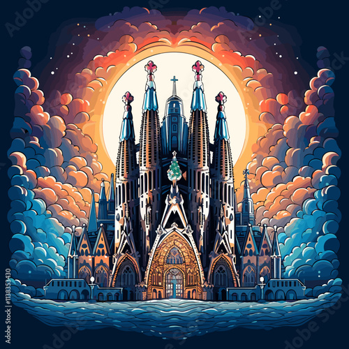 Photography Sagrada Familia hand-drawn comic illustration