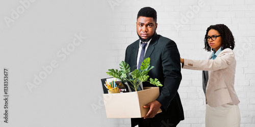 Crisis and unemployment concept. African American businesswoman firing upset male employee at office