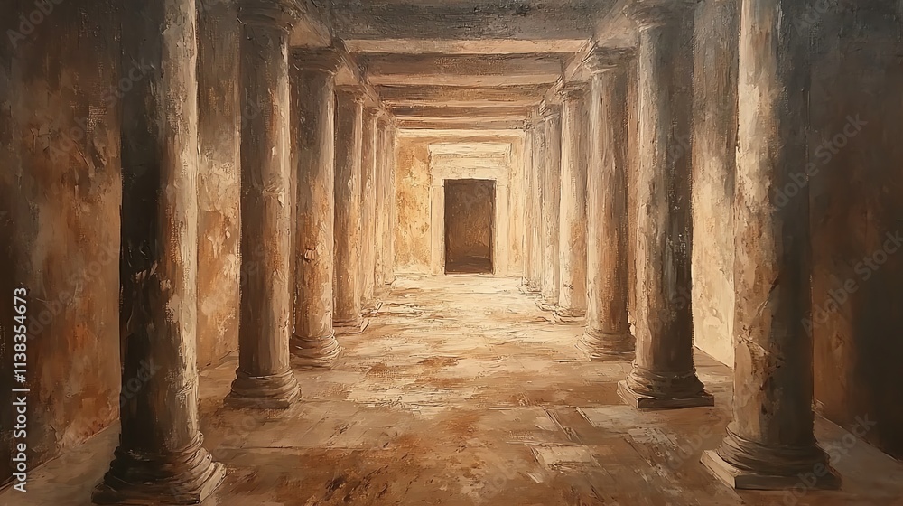 Ancient corridor with weathered columns leading to a wooden door. Ancient corridor with weathered columns leading to a wooden door.