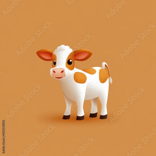 Cute Cartoon Cow Character on a Warm Orange Background, Perfect for Childrens Products, Illustrations, and Educational Materials in a Playful Style photo