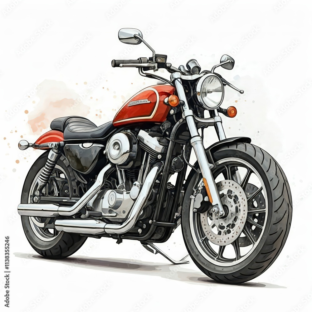 Red and Chrome Motorcycle Illustration: A classic red motorcycle with chrome accents is beautifully illustrated in a watercolor style, capturing the timeless allure of cruising down the open road. Red and Chrome Motorcycle Illustration: A classic red motorcycle with chrome accents is beautifully illustrated in a watercolor style, capturing the timeless allure of cruising down the open road.