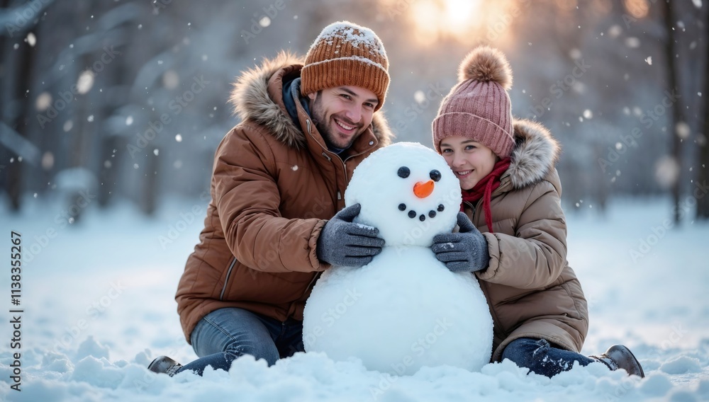 Winter Wonderland Romance: A couple shares a tender moment building a snowman in a snowy landscape, bathed in the warm glow of the setting sun. Winter Wonderland Romance: A couple shares a tender moment building a snowman in a snowy landscape, bathed in the warm glow of the setting sun.