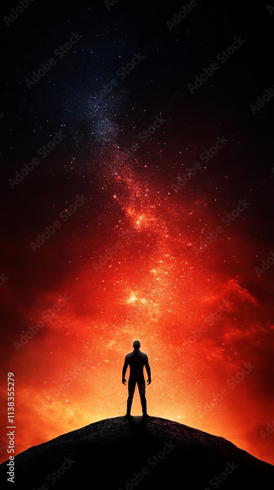 A silhouetted male figure stands atop a mountain, gazing at a vibrant cosmic display of stars and nebulae. A silhouetted male figure stands atop a mountain, gazing at a vibrant cosmic display of stars and nebulae.