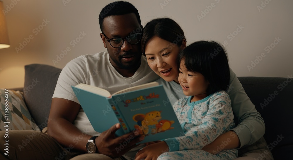Fototapeta premium Family reading time with multicultural parents and child relaxing at home