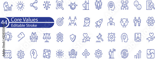 Core values line icons. Integrity, Empathy and Strategy. Vision, Social Responsibility, Commitment, Environmentalism icons. Personal Growth, Innovation, Family, Problem Solving.