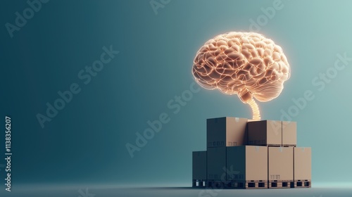 Warehouse management with logistics scheduling. A creative depiction of a brain emerging from stacked boxes, symbolizing ideas, innovation, and the fusion of intellect with logistics.