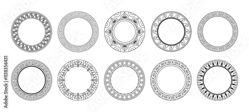 Greek pattern. Circe ancient ornament, round art border texture or meander decor element. Mediterranean vase antique geometric decorative vintage motif. Black lines frame. Vector design