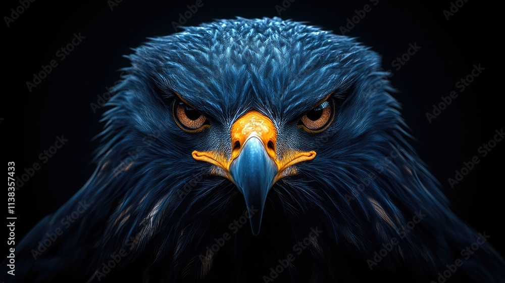 Close-up of a majestic, intense, and powerful eagle's head against a dark background. Close-up of a majestic, intense, and powerful eagle's head against a dark background.