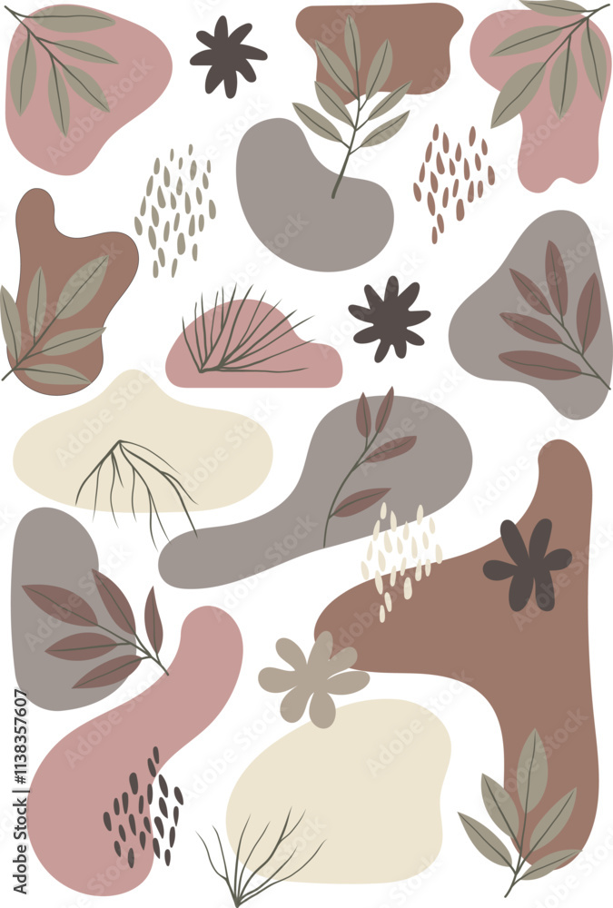 Unique abstract art featuring organic shapes and floral elements with a muted color mocha mousse palette Unique abstract art featuring organic shapes and floral elements with a muted color mocha mousse palette