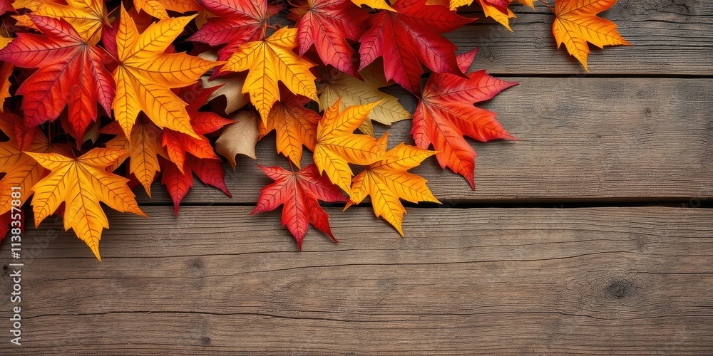 Obraz premium Autumn Leaves Arranged in a Corner on a Weathered Wood Background