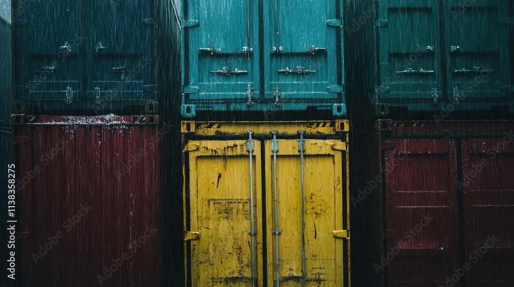 Colorful Shipping Containers in Rainy Weather at a Shipping Yard, Showcasing the Beauty of Industrial Logistics with Vibrant Hues and Dramatic Atmosphere Colorful Shipping Containers in Rainy Weather at a Shipping Yard, Showcasing the Beauty of Industrial Logistics with Vibrant Hues and Dramatic Atmosphere