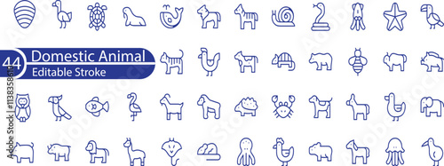 Set of 44 outline icons related to domesticated animals. Linear icon collection. Editable stroke. Vector illustration