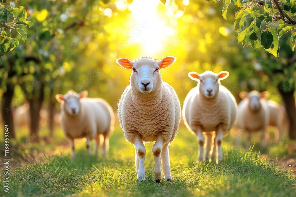 Fototapeta premium A group of ewes grazing in an orchard, with apple trees in bloom and sunlight filtering through the leaves