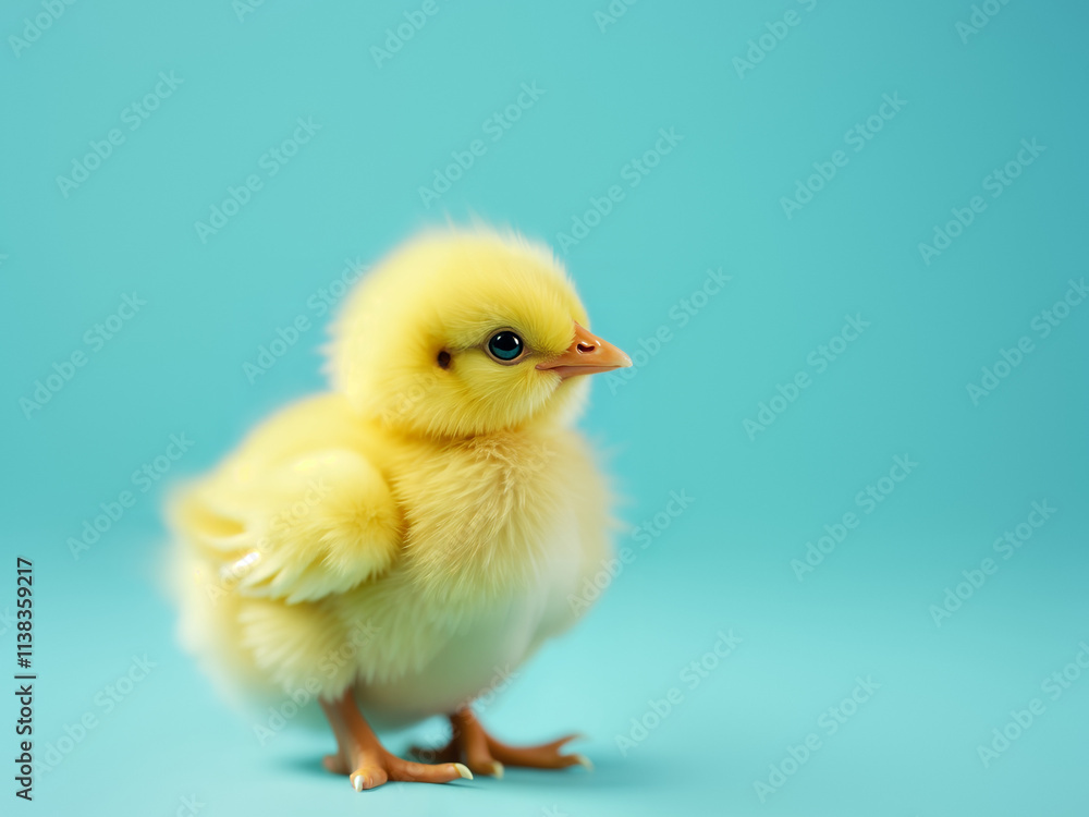 Small yellow chick standing on turquoise background Small yellow chick standing on turquoise background